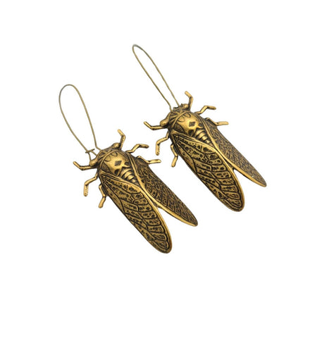 Handmade Cicada Oxidised Brass Dangle Earrings – intricately detailed bug insect jewelry in vintage brass with a boho chic long drop design. Lightweight statement earrings for nature-inspired fashion.