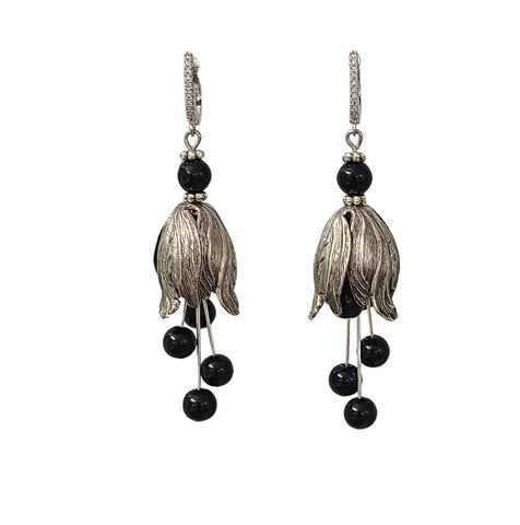 Silver Tulip Earrings with Black Bead  and Cubic Zirconia Hooks