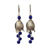 Silver Tulip Earrings with Blue Bead  and Cubic Zirconia Hooks.