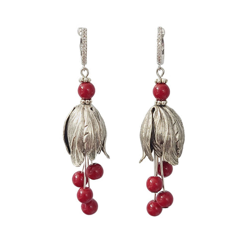 Silver Tulip Earrings with Red Bead  and Cubic Zirconia Hooks.
