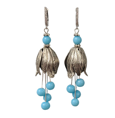 Silver Tulip Earrings with Sky Blue Bead  and Cubic Zirconia Hooks