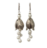 Silver Tulip Earrings with White Pearl Bead  and Cubic Zirconia Hooks