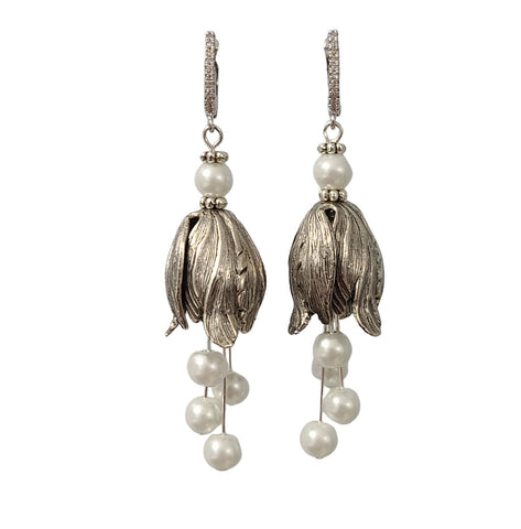 Silver Tulip Earrings with White Pearl Bead  and Cubic Zirconia Hooks