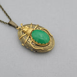 Ox Brass Oval Green Beetle Locket Necklace Jewelry Keepsake Photo Locket.