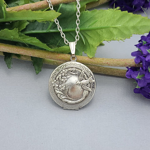 Ox Silver Round Locket with Bird and Flower  Friend Photo Picture.