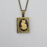 Ox Brass Book Locket Cat Cameo Handmade Necklace Jewelry.