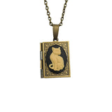 Ox Brass Book Locket Cat Cameo Handmade Necklace Jewelry.
