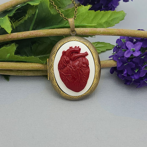 Red Heart Cameo Locket Necklace Jewelry.