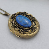 Ox Brass Oval Locket Lapis Lazuli Gem Stone Photo Locket