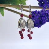 Silver Tulip Earrings with Red Bead  and Cubic Zirconia Hooks.