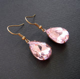 Vintage Pink Swarovski Teardrop In Antiqued Brass Prong Settings Earrings Wedding Jewelry