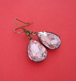 Vintage Pink Swarovski Teardrop In Antiqued Brass Prong Settings Earrings Wedding Jewelry