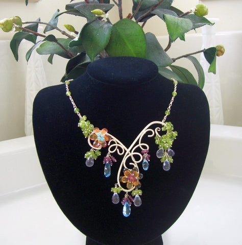 Blue Topaz Pink Amethyst Peridot Wire Wrapped Stones Necklace