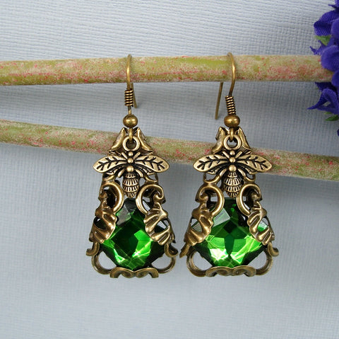 Green Crystal Stone Wraped Filigree with Bee Earrings.