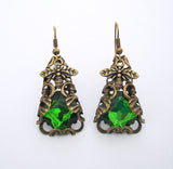 Green Crystal Stone Wraped Filigree with Bee Earrings.
