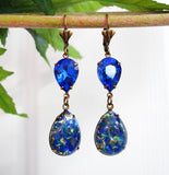 Blue Opal Drop and Blue Sapphire Dangle Earrings, Opal Earrings, Crystal Earrings
