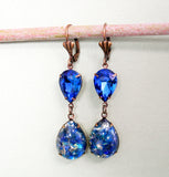 Blue Opal Drop and Blue Sapphire Dangle Earrings, Opal Earrings, Crystal Earrings