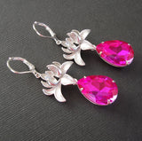 Silver Orchid And Fuchsia Faceted Teardrop Crystal Earrings.