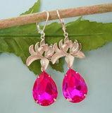 Silver Orchid And Fuchsia Faceted Teardrop Crystal Earrings.