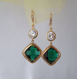 Gold Framed Emerald Bridal Square and Clear Cubic Zirconia Wedding Earrings.