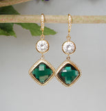Gold Framed Emerald Bridal Square and Clear Cubic Zirconia Wedding Earrings.
