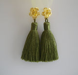 Olive Silk Thread Tassels Gold Flower Stud Earrings.