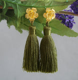 Olive Silk Thread Tassels Gold Flower Stud Earrings.