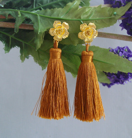 Gold Silk Thread Tassels Gold Flower Stud Earrings.