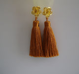 Gold Silk Thread Tassels Gold Flower Stud Earrings.