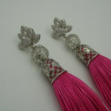 Silk Hot Pink Thread Tassels Flower Cibic Zirconia Earstud Dangle Earrings.