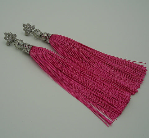 Silk Hot Pink Thread Tassels Flower Cibic Zirconia Earstud Dangle Earrings.