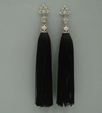 Black Thread Tassels Flower Cubic Zirconia Ear Stud Dangle Earrings.