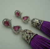 Silk Purple Thread Tassels Teatdrop Cibic Zirconia Earstud Dangle Earrings.