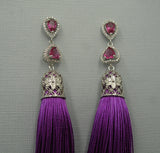 Silk Purple Thread Tassels Teatdrop Cibic Zirconia Earstud Dangle Earrings.