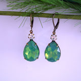 Vintage Green Opal  Swarovski Teardrop Clear Swarovski Crystal Prong Setting Earrings.