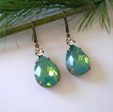 Vintage Green Opal  Swarovski Teardrop Clear Swarovski Crystal Prong Setting Earrings.