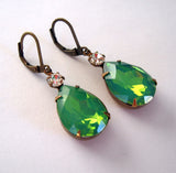 Vintage Green Opal  Swarovski Teardrop Clear Swarovski Crystal Prong Setting Earrings.