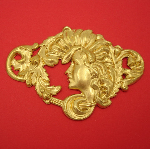 Art Nouveau Woman Face Embellishment Brass Stamping Pendant