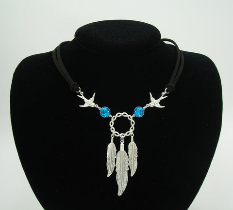 Choker with Silver Feathers and Birds on Suede Cord