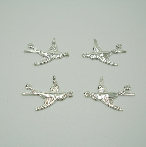 4pcs-Sterling Silver Plated Brass Sparrow Bird Charm Pendant Connector Jewelry Findings.