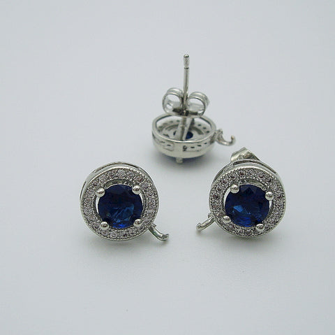 Round Ear Stud Blue Sapphire Cubic Zirconia CZ Rhodium Plated Earstud Earrings Post