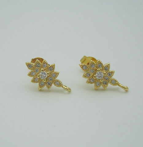 Cubic Zirconia CZ Gold Plated Brass Ear Stud Earrings Post Findings Wedding Earrings