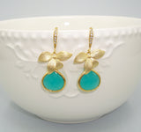 Wedding Jewelryl Bridesmaid Gift Bridesmaid Earrings Mint Opal Teardrop Framed Gold Flower Earrings.
