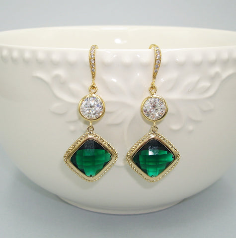 Gold Framed Emerald Bridal Square and Clear Cubic Zirconia Wedding Earrings.