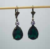 Vintage Emerald Swarovski Teardrop Lilac Swarovski Crystal Wedding Gift Earrings