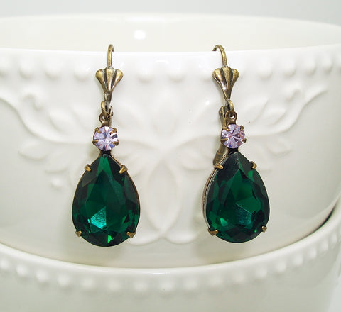 Vintage Emerald Swarovski Teardrop Lilac Swarovski Crystal Wedding Gift Earrings