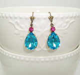 Vintage Aqua Swarovski Teardrop Pink Swarovski Crystal Wedding Gift Earrings