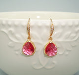 Ruby Drop Earrings Gold on Pave' Diamond French Earwire