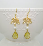 Lime Teardrop Matte Gold Flower Earrings.