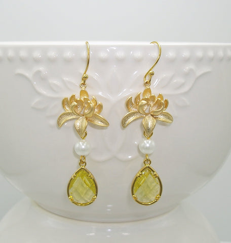 Lime Teardrop Matte Gold Flower Earrings.